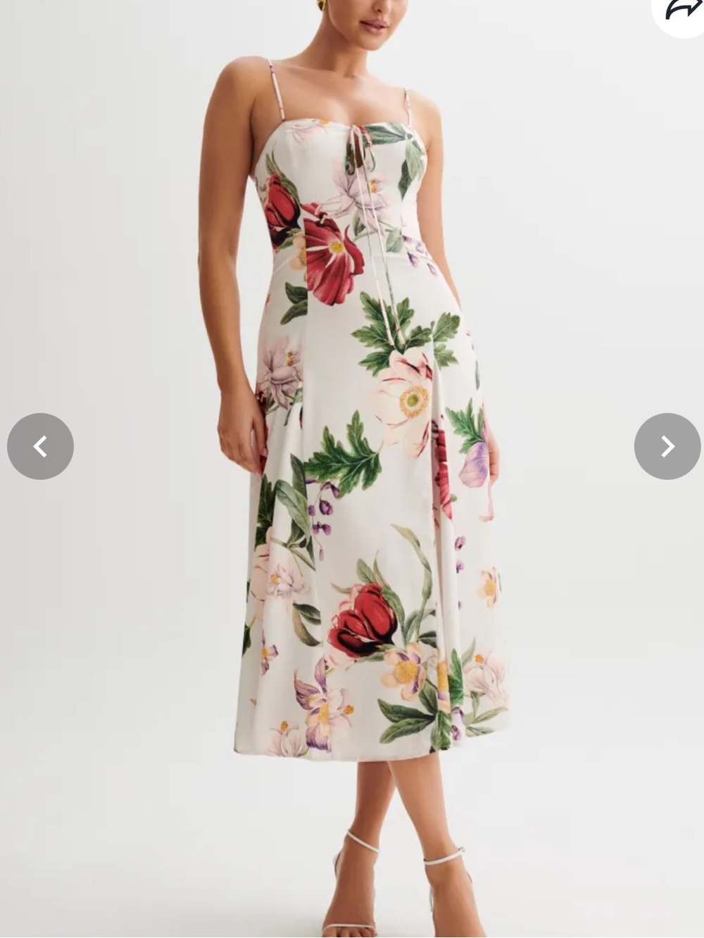 Meshki White Floral Midi Dress with Red & Green Print